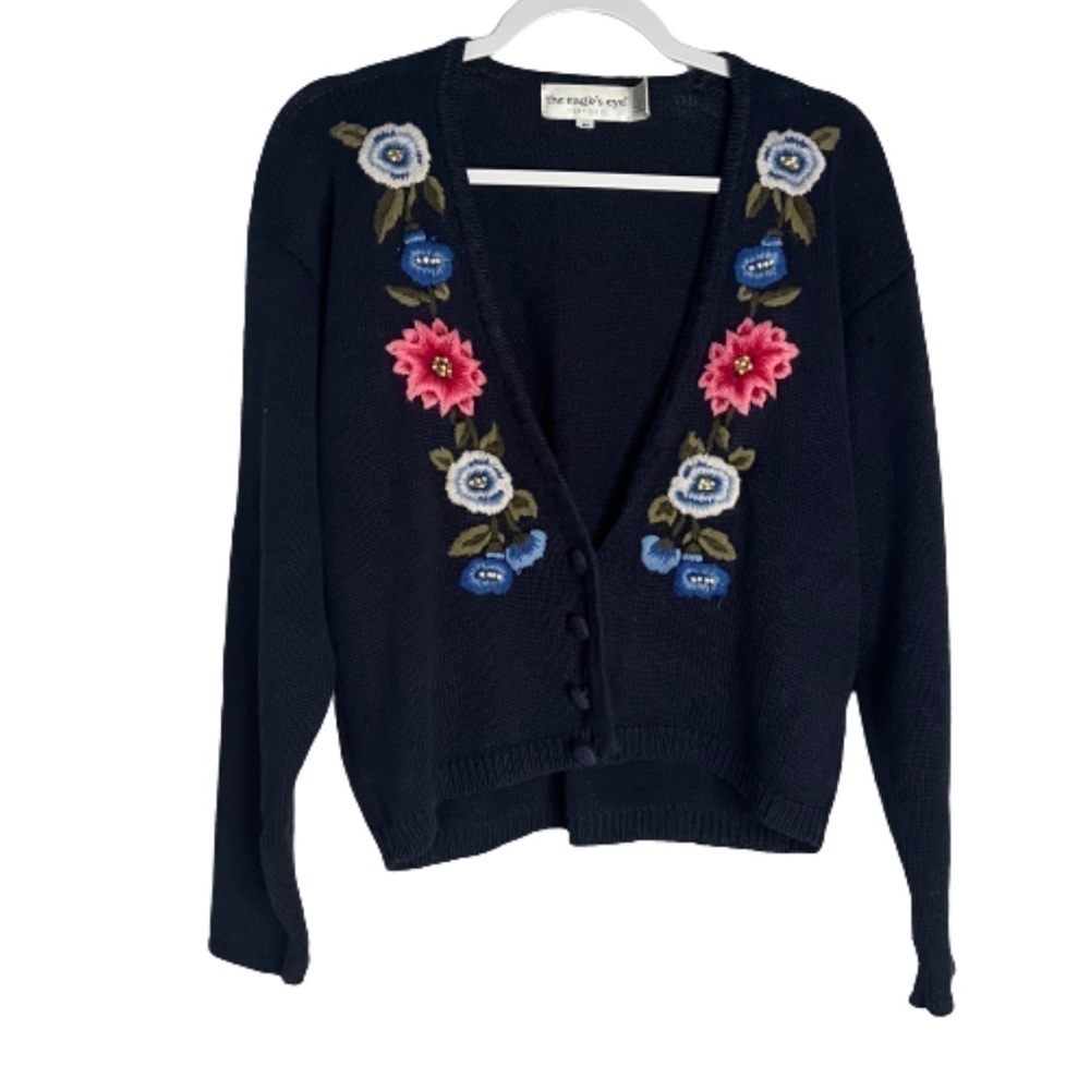 Vintage Eagle’s Eye Blue Floral Cardigan Sweater Size M Medium Ramie Blend